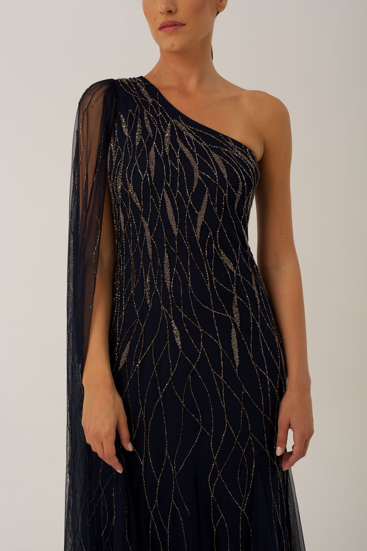 Navy Embroidered Maxi Gown with Draping Detail