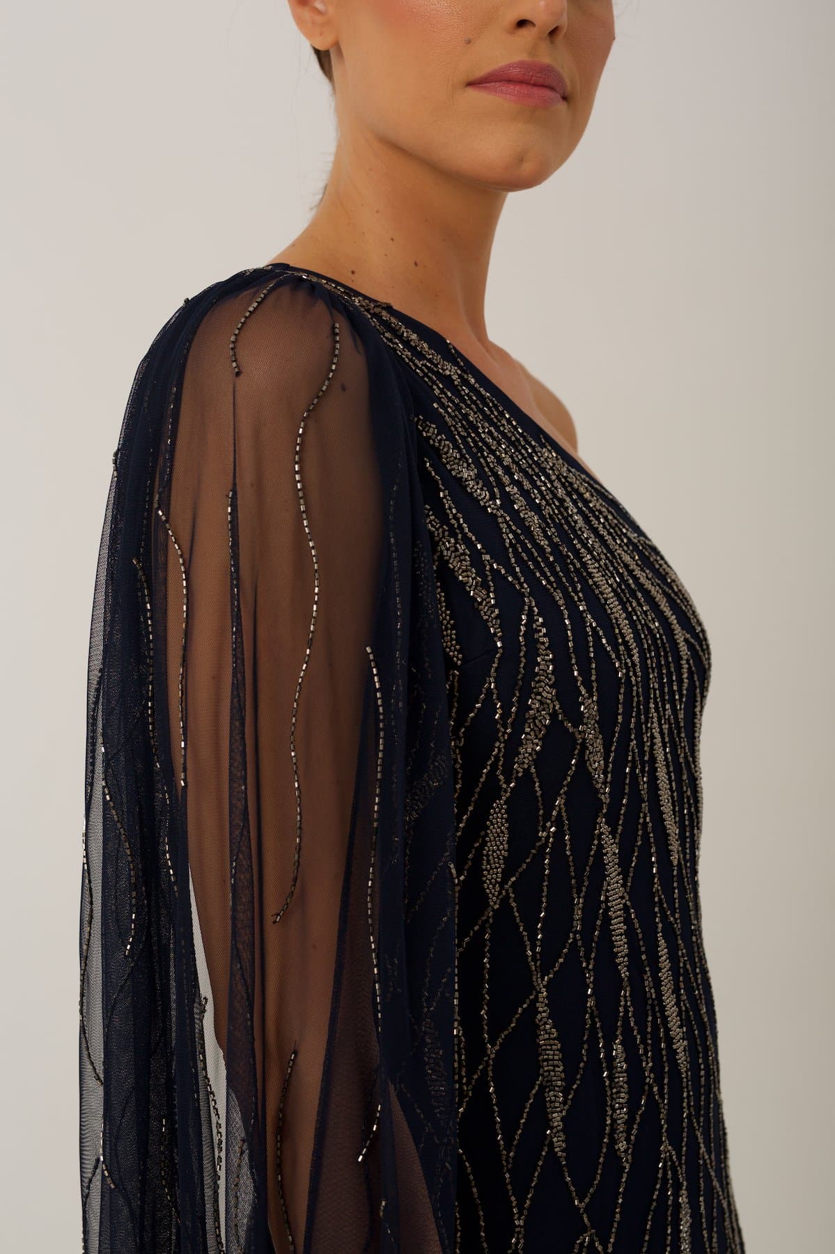 Navy Embroidered Maxi Gown with Draping Detail