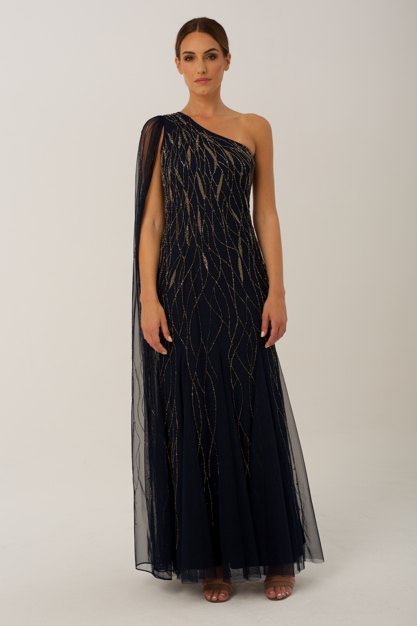 Navy Embroidered Maxi Gown with Draping Detail