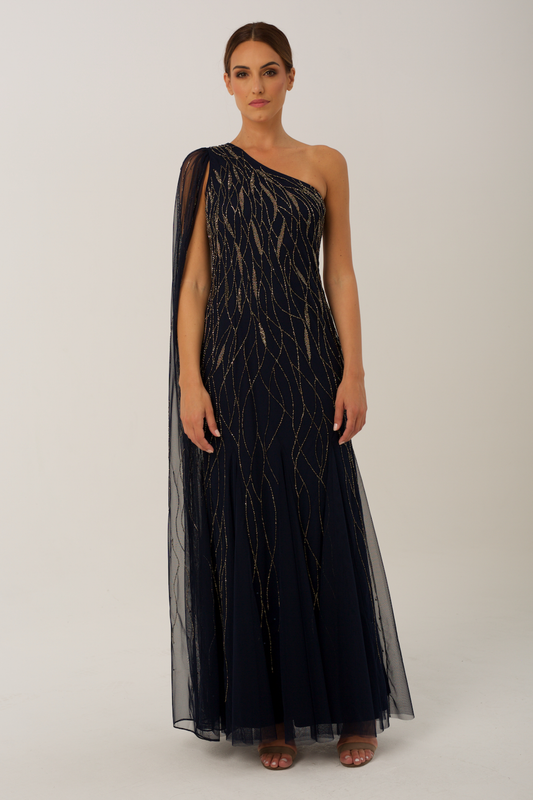 Navy Embroidered Maxi Gown with Draping Detail