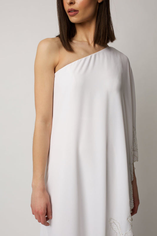 bridal dress with a waterfall-like drape sleeve 